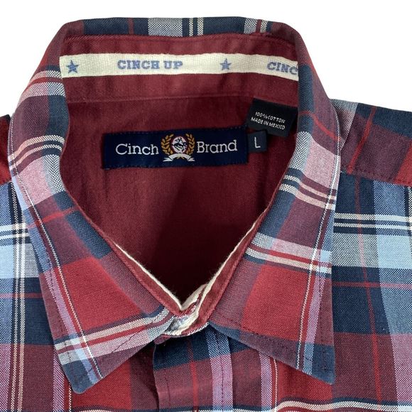 Cinch Modern Fit Long Sleeve Red Blue Button Down Cotton Shirt Size L - Picture 3 of 8